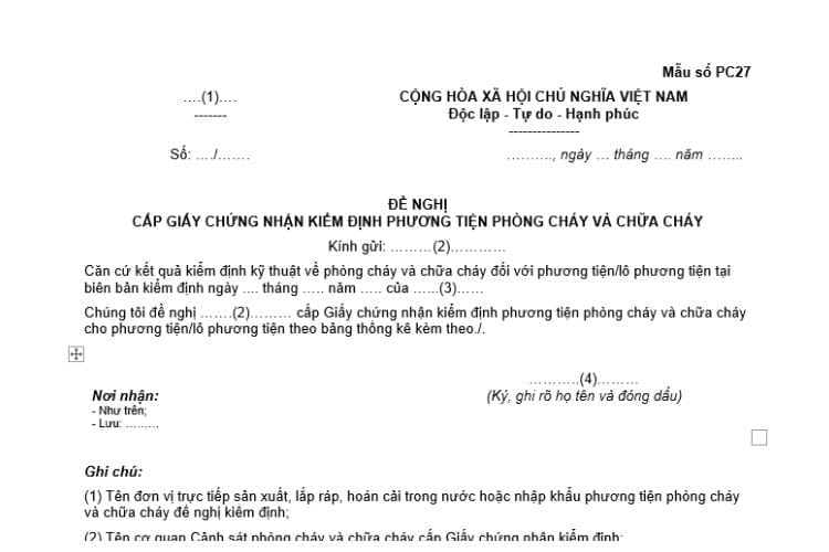 Văn bản đề nghị cấp Giấy chứng nhận kiểm định phương tiện PCCC 3 Văn bản đề nghị cấp Giấy chứng nhận kiểm định phương tiện PCCC