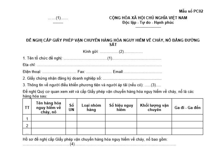 Văn bản đề nghị cấp Giấy phép vận chuyển hàng hóa nguy hiểm về cháy, nổ bằng đường sắt