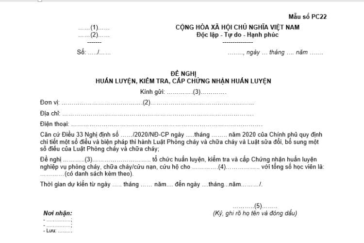 Văn bản đề nghị huấn luyện, kiểm tra, cấp chứng nhận huấn luyện