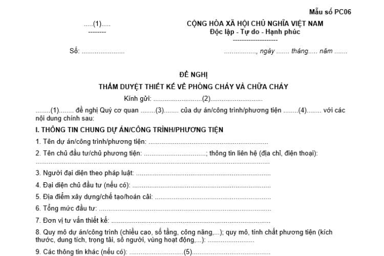 Văn bản đề nghị thẩm duyệt thiết kế về phòng cháy và chữa cháy