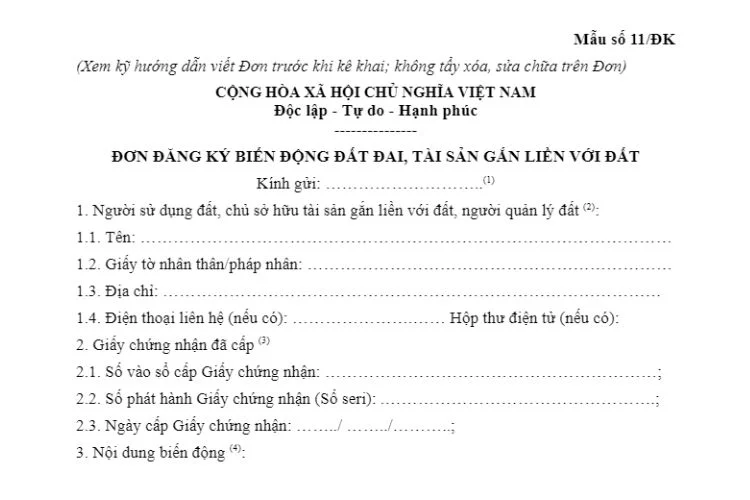 Mẫu số 11/ĐK | Đơn đăng ký biến động đất đai, tài sản gắn liền với đất