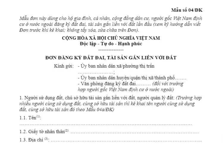 Mẫu số 04/ĐK | Đơn đăng ký đất đai, tài sản gắn liền với đất