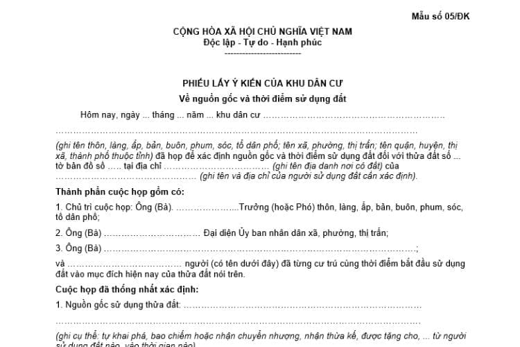 Phiếu lấy ý kiến của khu dân cư về nguồn gốc và thời điểm sử dụng đất (Mẫu số 05/ĐK)