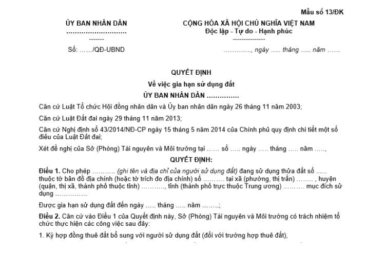 Quyết định về việc gia hạn sử dụng đất của Ủy ban nhân dân (Mẫu số 13/ĐK)