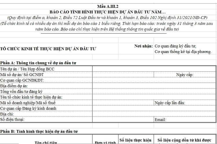 Báo cáo năm về tình hình thực hiện dự án đầu tư (Mẫu A.III.2)