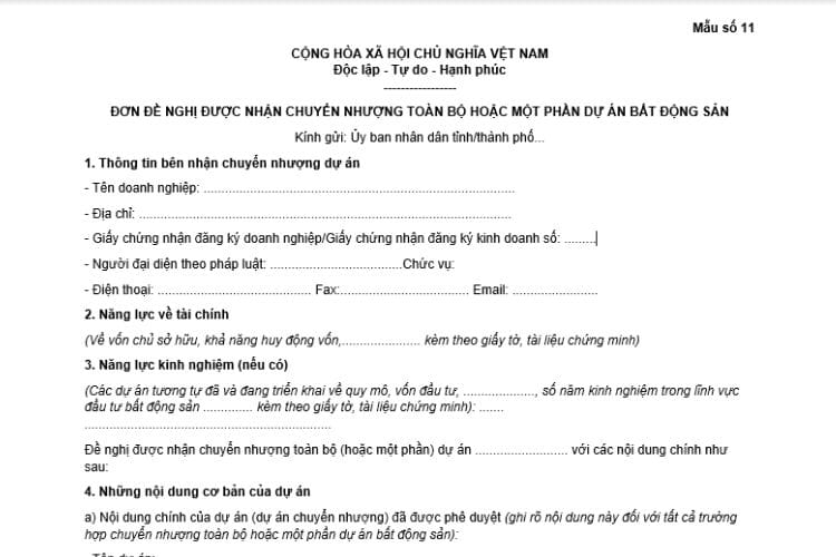 Đơn đề nghị được nhận chuyển nhượng toàn bộ (hoặc một phần) dự án bất động sản 3 Đơn đề nghị được nhận chuyển nhượng toàn bộ (hoặc một phần) dự án bất động sản