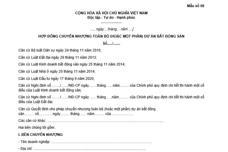 Hợp đồng chuyển nhượng toàn bộ (hoặc một phần) dự án bất động sản 1 Hợp đồng chuyển nhượng toàn bộ (hoặc một phần) dự án bất động sản