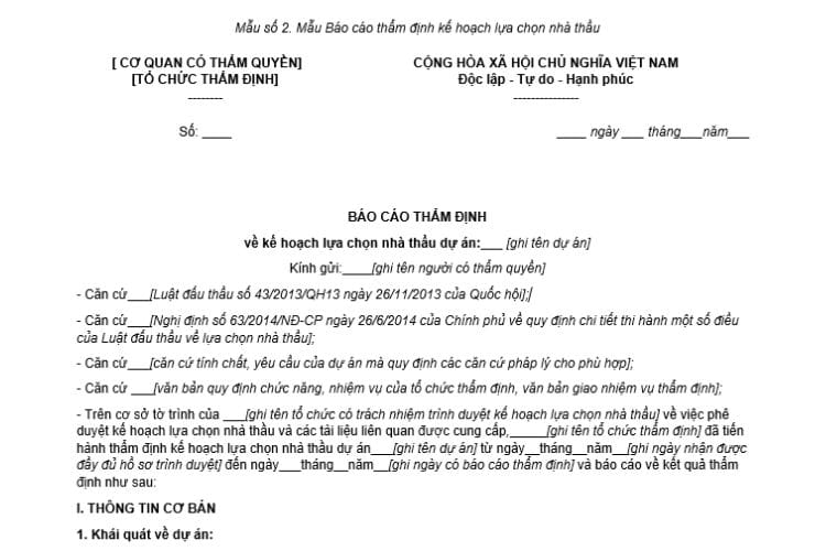 Mẫu Báo cáo thẩm định kế hoạch lựa chọn nhà thầu