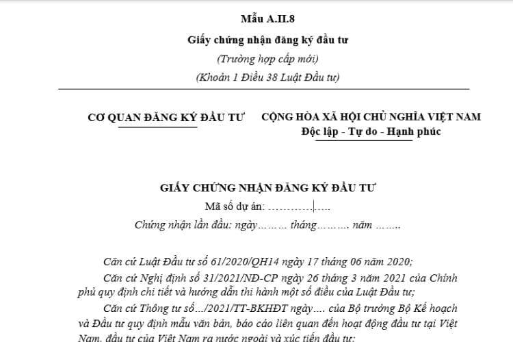 Mẫu Giấy chứng nhận đăng ký đầu tư (Trường hợp cấp mới)