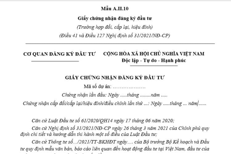 Mẫu Giấy chứng nhận đăng ký đầu tư (Trường hợp đổi, cấp lại, hiệu đính) 2 Mẫu Giấy chứng nhận đăng ký đầu tư (Trường hợp đổi, cấp lại, hiệu đính)