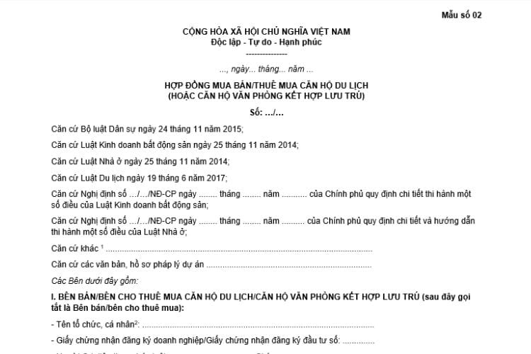 Mẫu Hợp đồng mua bán, thuê mua căn hộ du lịch, căn hộ văn phòng kết hợp lưu trú