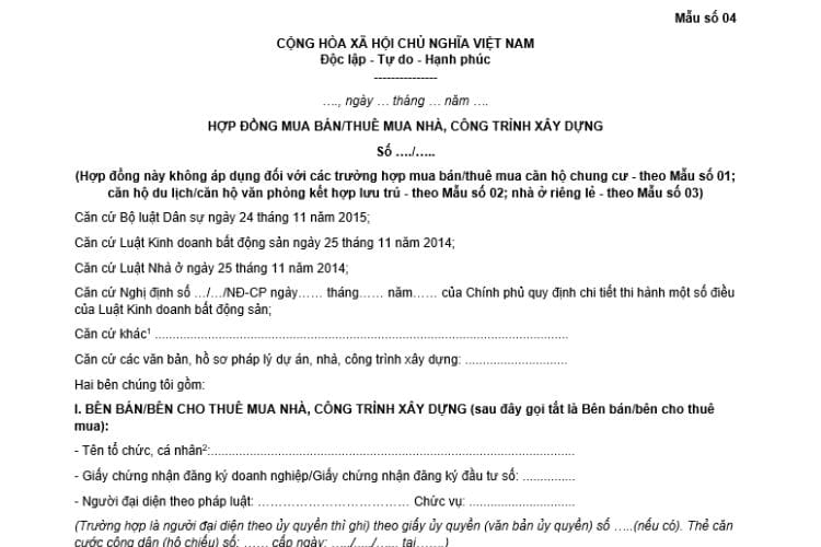 Mẫu hợp đồng mua bán/thuê mua nhà, công trình xây dựng 3 Mẫu hợp đồng mua bán/thuê mua nhà, công trình xây dựng