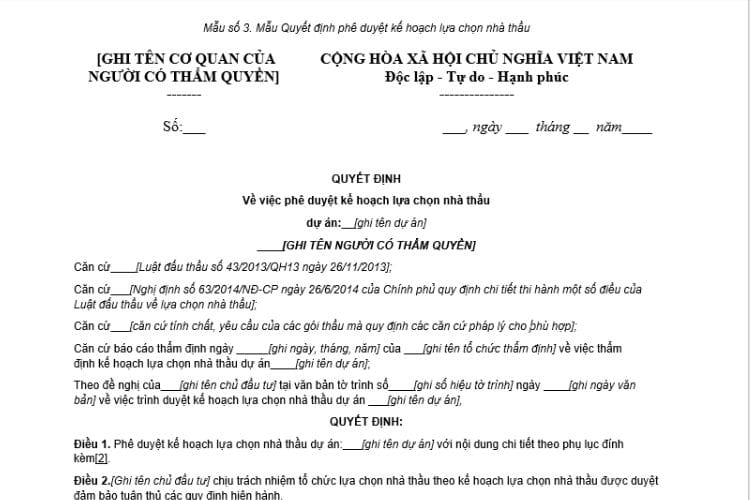 Mẫu Quyết định phê duyệt kế hoạch lựa chọn nhà thầu