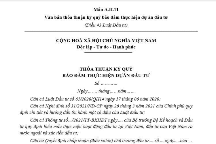 Mẫu văn bản thỏa thuận ký quỹ bảo đảm thực hiện dự án đầu tư