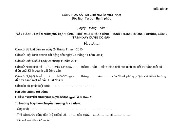 Văn bản chuyển nhượng hợp đồng thuê mua nhà ở hình thành trong tương lai/hợp đồng thuê mua nhà, công trình xây dựng có sẵn