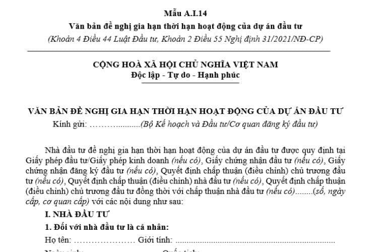 Văn bản đề nghị gia hạn thời hạn hoạt động của dự án đầu tư
