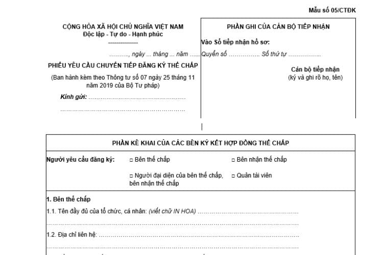 Phiếu yêu cầu chuyển tiếp đăng ký thế chấp (Mẫu số 05/CTĐK)