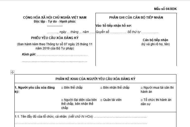 Phiếu yêu cầu xóa đăng ký (Mẫu số 04/XĐK)