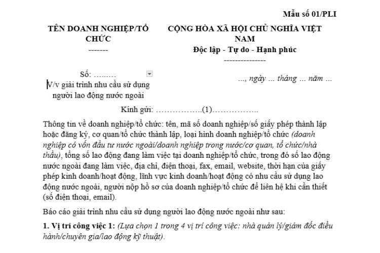 Công văn giải trình nhu cầu sử dụng người lao động nước ngoài (Mẫu số 01/PLI) 1 Công văn giải trình nhu cầu sử dụng người lao động nước ngoài (Mẫu số 01/PLI)