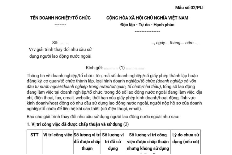 Công văn giải trình thay đổi nhu cầu sử dụng người lao động nước ngoài (Mẫu số 02/PLI)