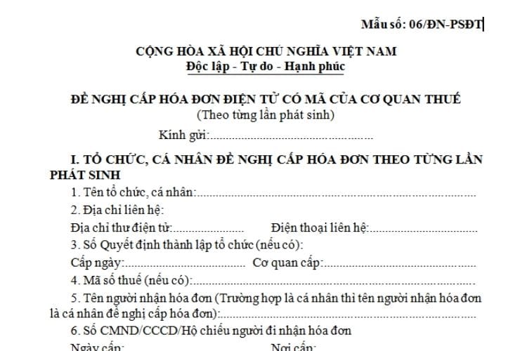 Đơn đề nghị cấp hóa đơn điện tử có mã của CQT theo từng lần phát sinh 3 Đơn đề nghị cấp hóa đơn điện tử có mã của CQT theo từng lần phát sinh
