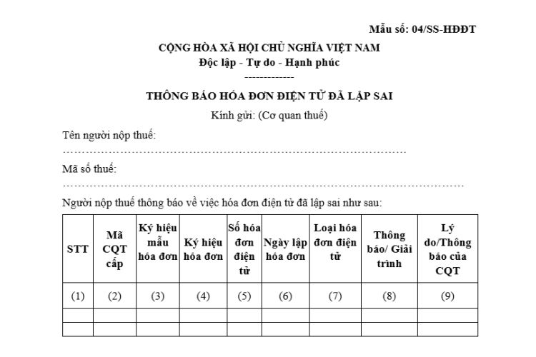 Mẫu số 04/SS-HĐĐT | Thông báo hóa đơn điện tử có sai sót 1 Mẫu số 04/SS-HĐĐT | Thông báo hóa đơn điện tử có sai sót