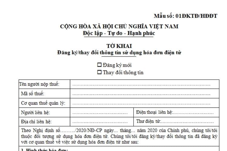 Tờ khai đăng ký/thay đổi thông tin sử dụng hóa đơn điện tử 2 Tờ khai đăng ký/thay đổi thông tin sử dụng hóa đơn điện tử