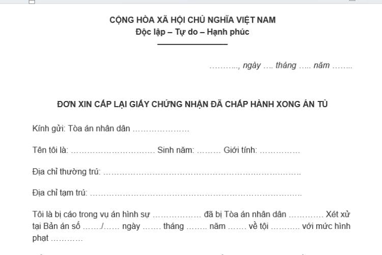 Mẫu Giấy chứng nhận chấp hành xong hình phạt tù