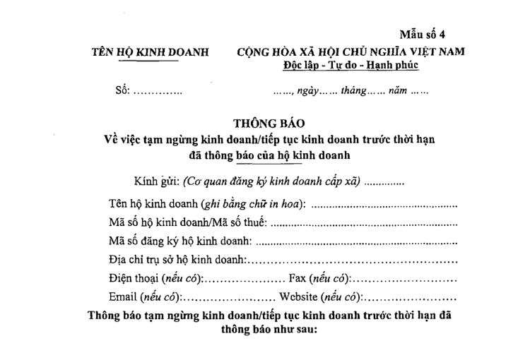 Thông báo về việc tiếp tục kinh doanh trước thời hạn đã thông báo của hộ kinh doanh 1 Thông báo về việc tạm ngừng kinh doanh của hộ kinh doanh
