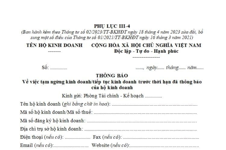 Thông báo về việc tiếp tục kinh doanh trước thời hạn đã thông báo của hộ kinh doanh (Phụ lục III-4)