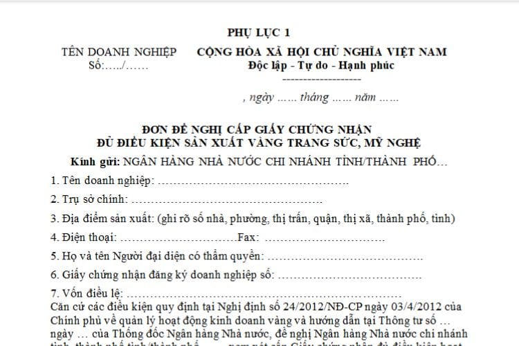 Đơn đề nghị cấp Giấy chứng nhận đủ điều kiện sản xuất vàng trang sức, mỹ nghệ