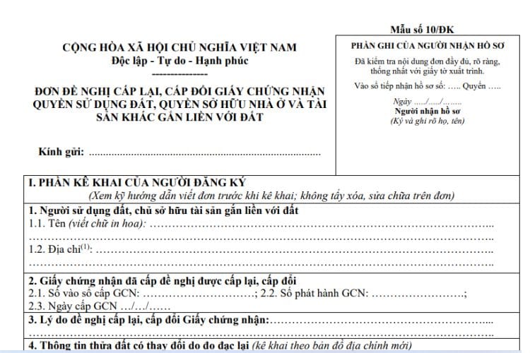 Mẫu số 10/ĐK | Đơn đề nghị cấp lại, cấp đổi Giấy chứng nhận quyền sử dụng đất 1 Mẫu số 10/ĐK | Đơn đề nghị cấp lại, cấp đổi Giấy chứng nhận quyền sử dụng đất