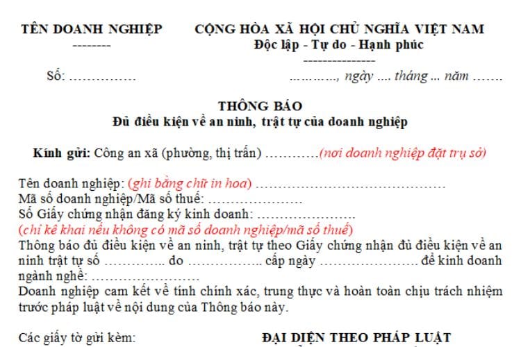 Thông báo đủ điều kiện về an ninh, trật tự của doanh nghiệp