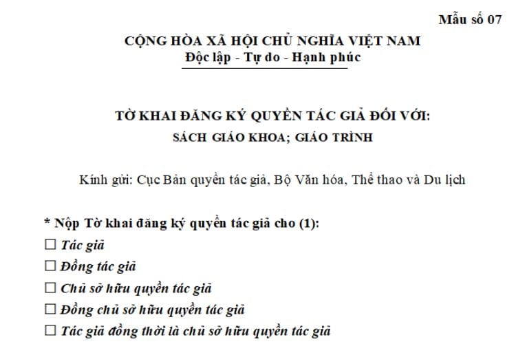 Tờ khai đăng ký quyền tác giả đối với sách giáo khoa, giáo trình 1 Tờ khai đăng ký quyền tác giả đối với sách giáo khoa, giáo trình