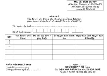 Bảng kê các đơn vị phụ thuộc (Mẫu số: BK02-ĐK-TCT)