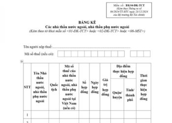 Bảng kê các nhà thầu nước ngoài, nhà thầu phụ nước ngoài (Mẫu số: BK04-ĐK-TCT)