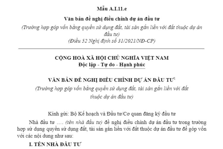 Mẫu A.I.11.e | Văn bản đề nghị điều chỉnh dự án đầu tư