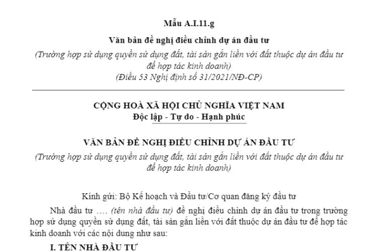Mẫu A.I.11.g | Văn bản đề nghị điều chỉnh dự án đầu tư