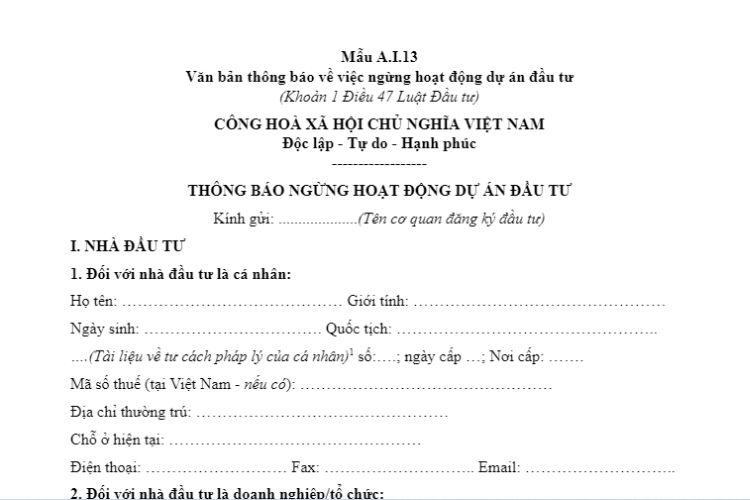 Mẫu A.I.13 | Văn bản thông báo của nhà đầu tư về việc ngừng hoạt động dự án đầu tư