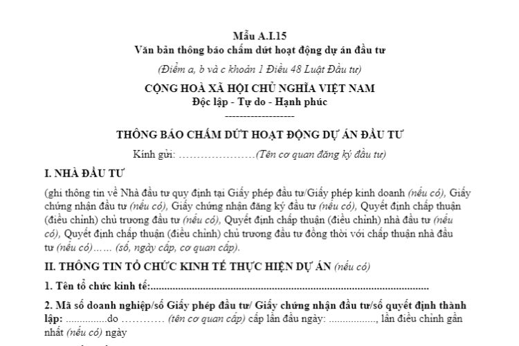 Mẫu A.I.15 | Văn bản thông báo chấm dứt hoạt động dự án đầu tư