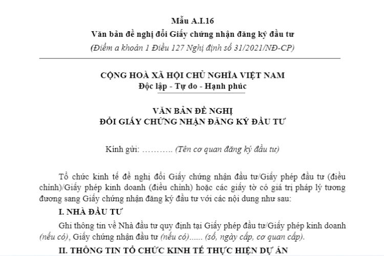 Mẫu A.I.16 | Văn bản đề nghị đổi Giấy chứng nhận đăng ký đầu tư