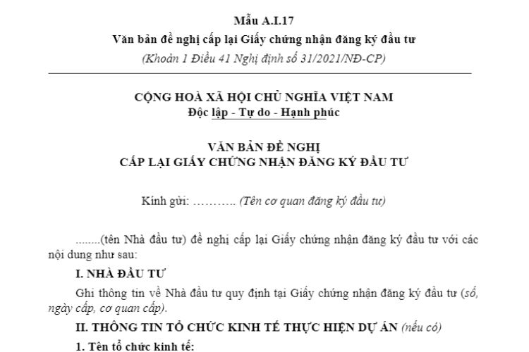 Mẫu A.I.17 | Văn bản đề nghị cấp lại Giấy chứng nhận đăng ký đầu tư