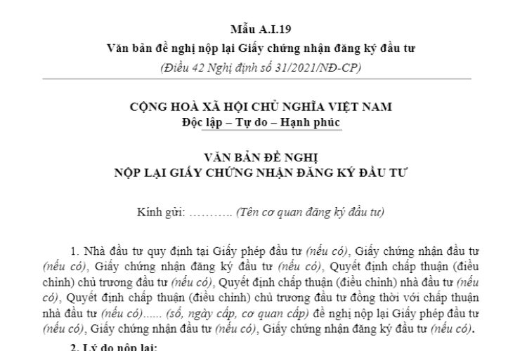 Mẫu A.I.19 | Văn bản đề nghị nộp lại Giấy chứng nhận đăng ký đầu tư