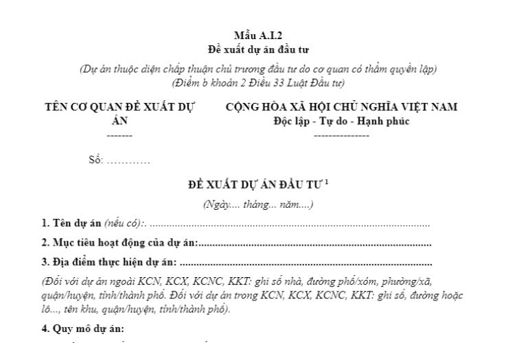 Mẫu A.I.2 | Đề xuất dự án đầu tư