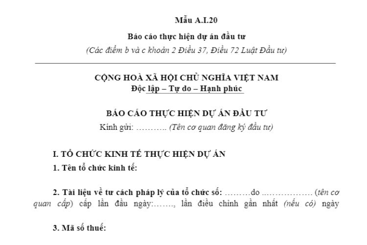Mẫu A.I.20 | Báo cáo thực hiện dự án đầu tư