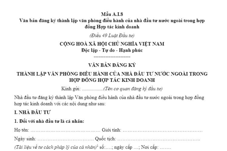 Mẫu A.I.8 | Văn bản đăng ký thành lập văn phòng điều hành của nhà đầu tư nước ngoài trong hợp đồng hợp tác kinh doanh