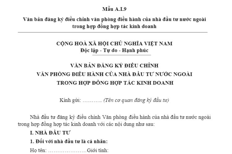 Mẫu A.I.9 | Văn bản đăng ký điều chỉnh văn phòng điều hành của nhà đầu tư nước ngoài trong hợp đồng hợp tác kinh doanh