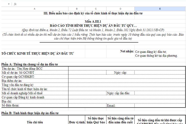 Mẫu A.III.1 | Báo cáo quý về tình hình thực hiện dự án đầu tư