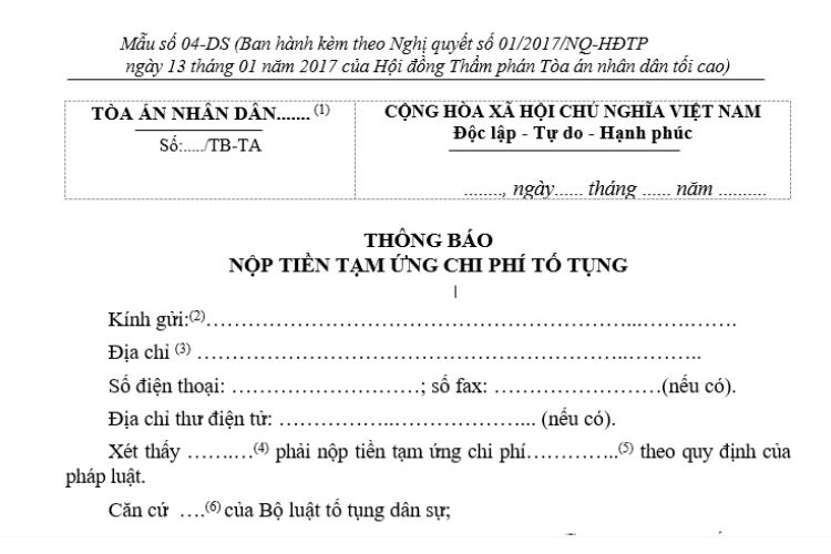 Mẫu Thông báo nộp tiền tạm ứng chi phí tố tụng (Mẫu số 04-DS)