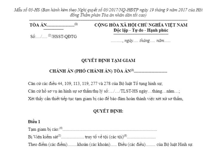 Mẫu số 05-HS Quyết định tạm giam (áp dụng biện pháp tạm giam cho đến khi kết thúc phiên tòa sơ thẩm đối với bị cáo đang bị tạm giam)